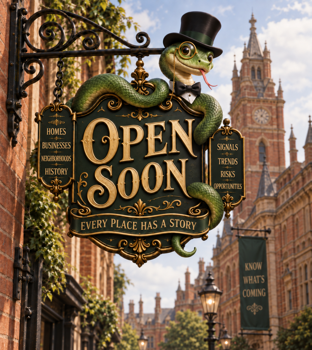 Monty hanging from an ornate Open Soon sign above a historic city street